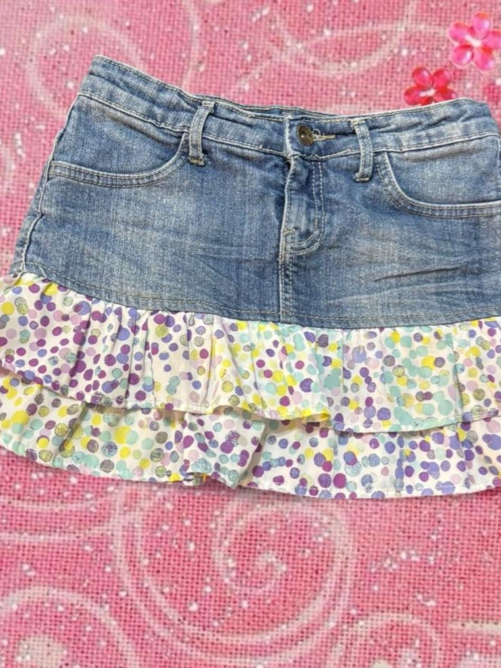 DKNY Blue Denim Mini Skirt with Multicolor Polka Dot Ruffle